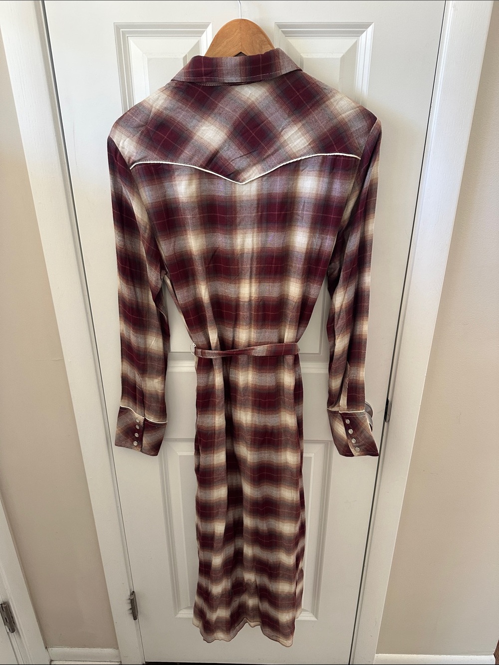 Stetson Burgundy and Cream Plaid Long Shirt Dress - Picture 3 of 3